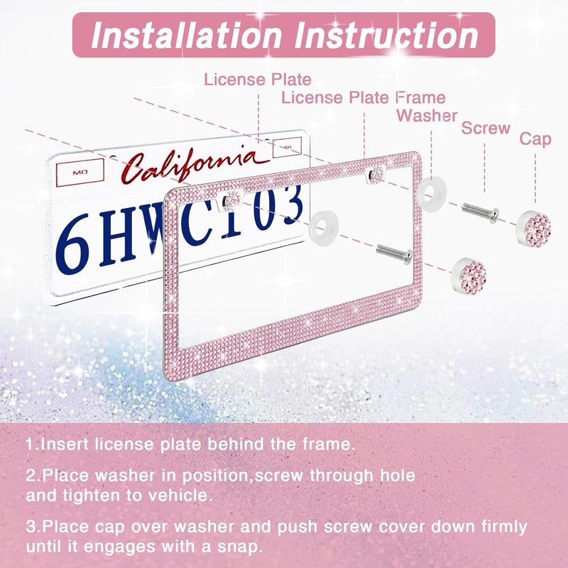 RtPcor 2 Pack Bling License Plate Frames Premium Sparkly License Plate Frame for Women Durable Pink Bling Car Accessories - Image 5